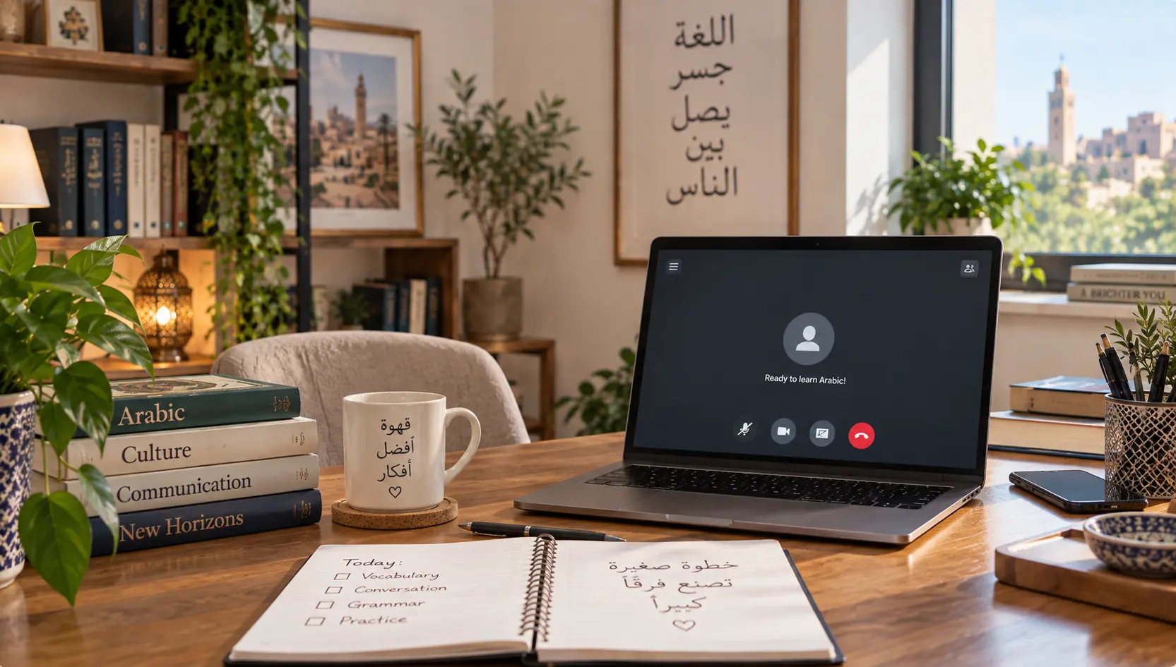Professional in a video meeting at an office desk
