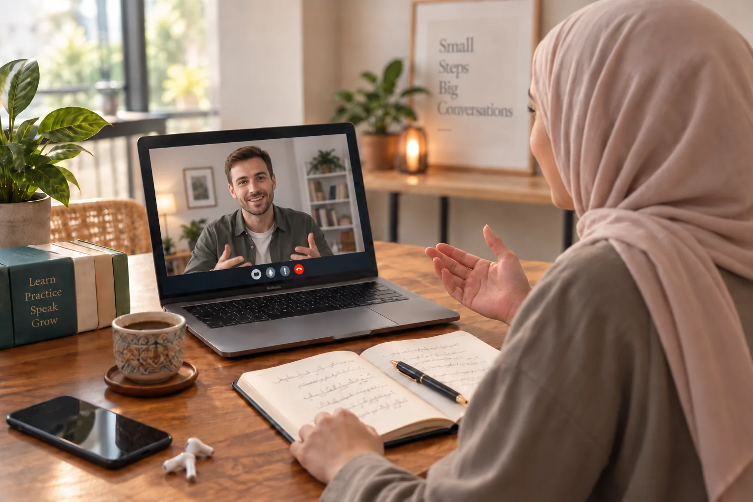 Video call with a colleague at a wooden desk
