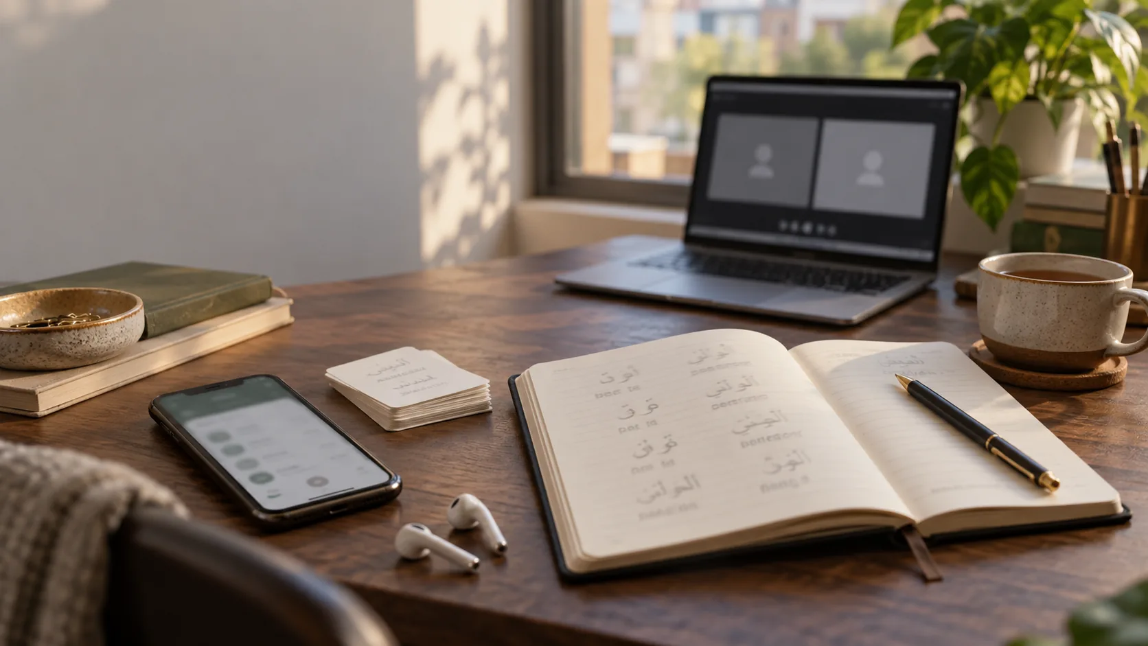 Beginner learning Arabic online with a notebook and laptop